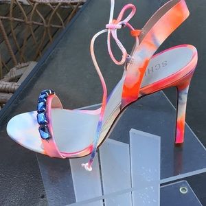 SCHUTZ Delylah Multiple Colors Tie-dye w/ Blue Rhinestone Embellishments Heels